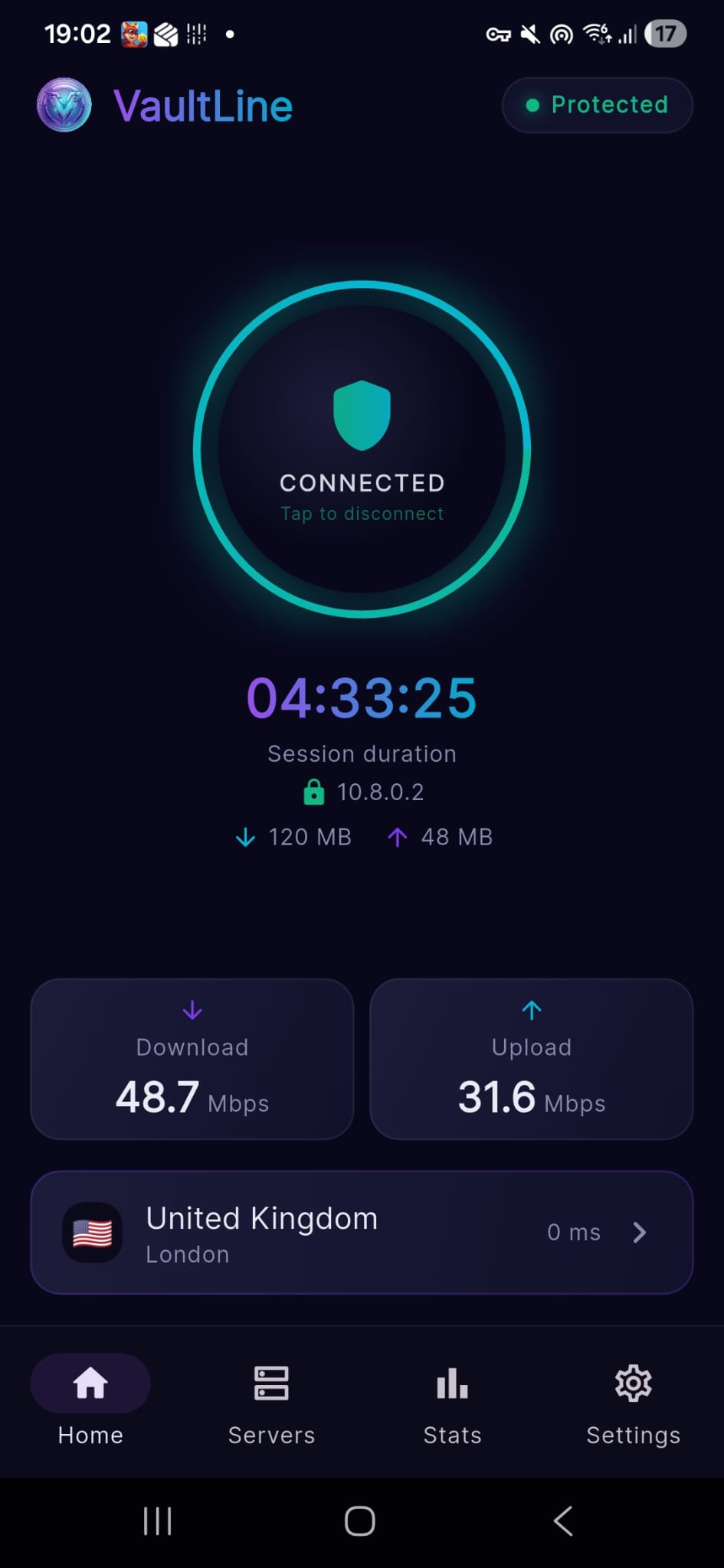 VaultLine VPN App — Connected to UK Server showing 48.7 Mbps download speed